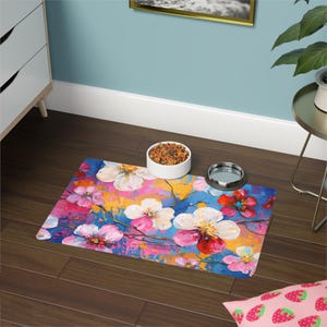 Colorful Floral Pet Food Mat, Pet Feeding Mat, Dog Dining Mat, Cat Food Mat, Vibrant Kitchen Decor, Spring Gift for Pet Lovers 12&quot;x18&quot;