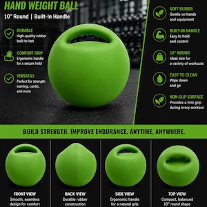 Op de afbeelding: Een felgroene rubberen handgewichtbal met een ingebouwd handvat. De bal heeft een diameter van 25,4 cm en een glad, naadloos oppervlak. De afbeelding toont voor-, achter-, zij- en bovenaanzichten van het fitnessapparaat met bijbehorende tekst.