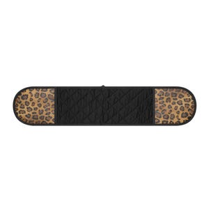 May include: A black quilted oven mitt with leopard print accents on each end. The mitt is designed to protect hands from heat when handling hot cookware. The leopard print features brown and tan spots.
