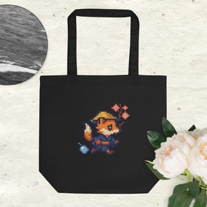 Pixel Fuchs Tragetasche | Japanischer Stil | Kawaii Fuchs Shopper | Minimalistisches Stadt-Design | Kitsune Ästhetik