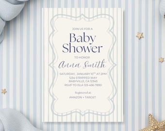Blue Striped Baby Shower Invitation | Minimal Shower Invite | Editable Chic Boy Baby Shower | Digital Download | Printable Canva Template