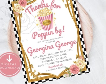 Retro Popcorn Babypartyeinladung | Danke für Poppin By Baby Party | Bearbeitbare Canva Vorlage | Rosa druckbare einladen | Digitaler Download