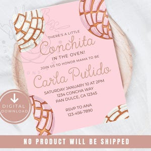 以下が含まれることがあります： 「There's a Little Conchita in the Oven!」と「Join us to honor Mama to be Carla Pulido」のテキストが入ったピンク色のデジタルダウンロード招待状。コンチャパンのイラストとイベントの詳細が含まれています。