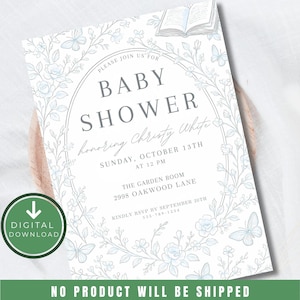 Vintage Dusty Blue Toile De Jouy Baby Shower Invitation Chinoiserie Cottagecore Baby Boy Toile Baby Shower Invite