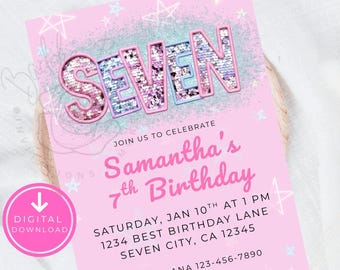 Seven Year Old Birthday Invitation, Girl Editable Rainbow Sequin Glitter Invite, Printable Canva Template, Pink Birthday Invite