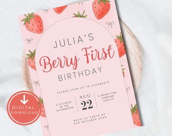 Berry First Birthday Invitation, Berry First Birthday Invitation, Strawberry theme, Canva, Editable, Strawberry invite, Instant Download