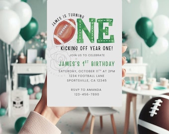 Football First Birthday Invitation | First Year Down | Kicking Off Year One | Editable Sports Theme Party Boy Invite | Canva Template