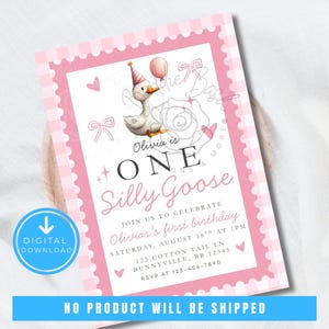 One Silly Goose Birthday Invitation Printable 1st Birthday Girl Invitation Template Pink Gingham Silly Goose Digital Birthday Invitations