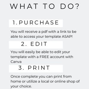 K&ouml;nnte beinhalten: Eine wei&szlig;e Grafik mit dem Text "WHAT TO DO?" gefolgt von nummerierten Schritten: "1. PURCHASE", "2. EDIT" und "3. PRINT". Jeder Schritt enth&auml;lt eine kurze Beschreibung des Prozesses, der den Benutzer durch den Vorlagenzugriff und die Bearbeitung f&uuml;hrt.