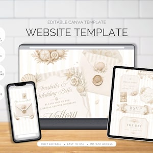 May include: An editable Canva website template for a bridal shower featuring a beige and white striped background with watercolor seashell illustrations. The design includes text reading Seashells & Wedding Bells and RSVP, displayed on a computer monitor, a smartphone, and a tablet screen.