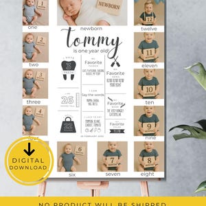 Minimalistisch mijlpaalbord voor eerste verjaardag Genderneutraal mijlpaalbord voor 1e verjaardagsfeestje baby's eerste jaar fotocollage bewerkbaar
