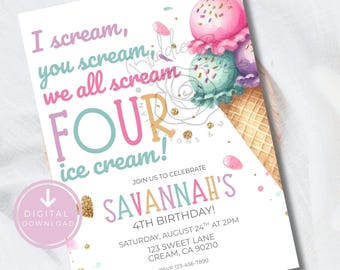Ice Cream Birthday Invitation for Kids I scream You Scream We All Scream Four Ice Cream Custom Pink 4th Birthday Invite Ice Cream fiesta