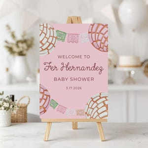 Pink Concha Baby Shower Welcome Sign, Mexican Sweet Bread, Evite Canva Template