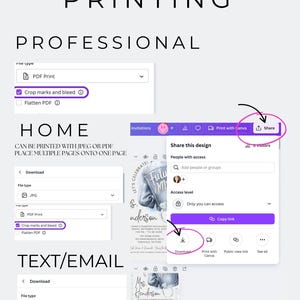 K&ouml;nnte beinhalten: Eine digitale Designanleitung mit den Worten "PRINTING PROFESSIONAL" oben. Anweisungen zeigen, wie man eine PDF-Druckdatei mit Beschnittmarken und Anschnitt herunterl&auml;dt und wie man ein Design als JPG teilt oder herunterl&auml;dt.