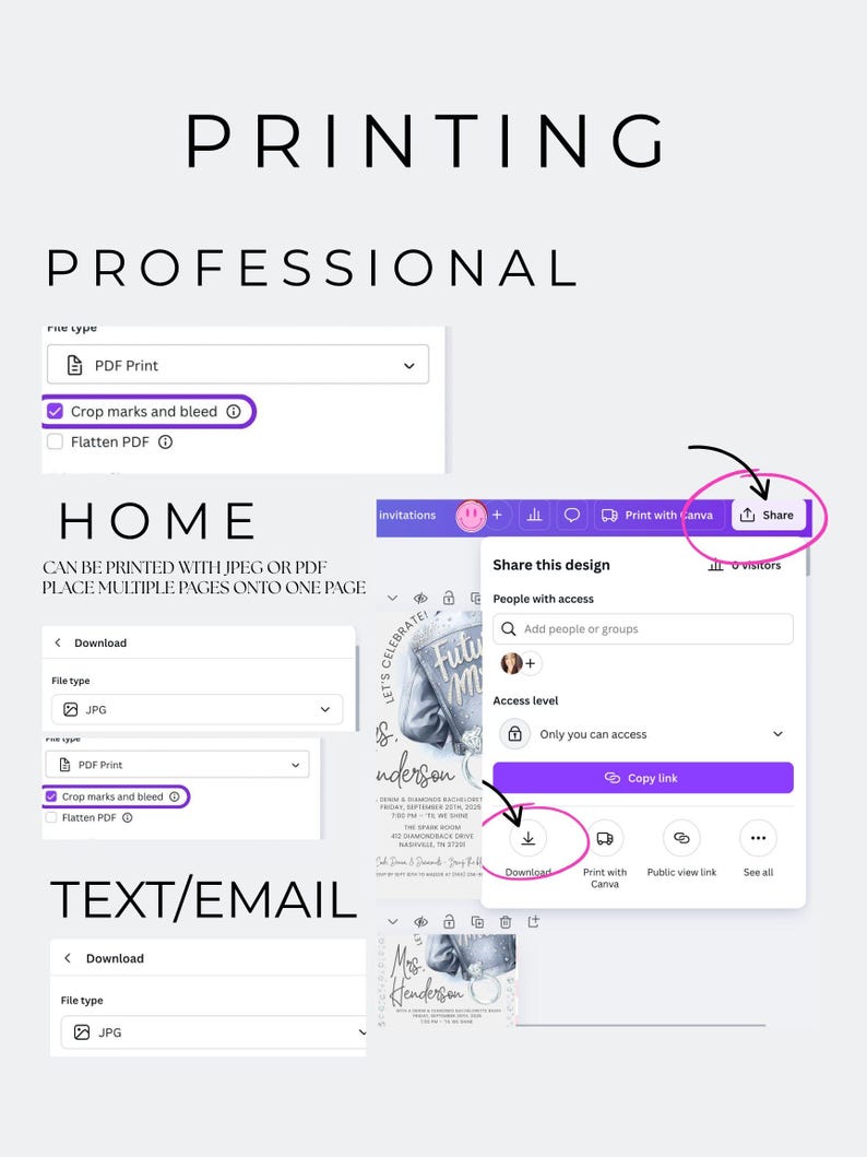 K&ouml;nnte beinhalten: Eine digitale Designanleitung mit den Worten "PRINTING PROFESSIONAL" oben. Anweisungen zeigen, wie man eine PDF-Druckdatei mit Beschnittmarken und Anschnitt herunterl&auml;dt und wie man ein Design als JPG teilt oder herunterl&auml;dt.
