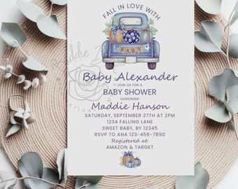 Fall in Love Baby Shower Invitation Blue Truck Pumpkin Baby Shower Invite Rustic Fall Baby Shower Template Editable Canva Digital Printable