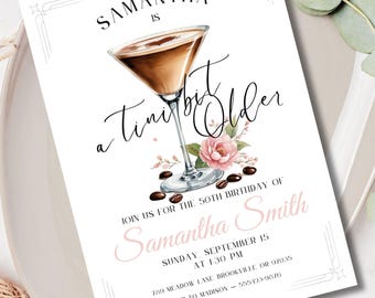 A Tini Bit Older Invitation | 50th Birthday Party Invite | Coquette Pink Bow Martini Theme | Editable Canva Template Digital Download