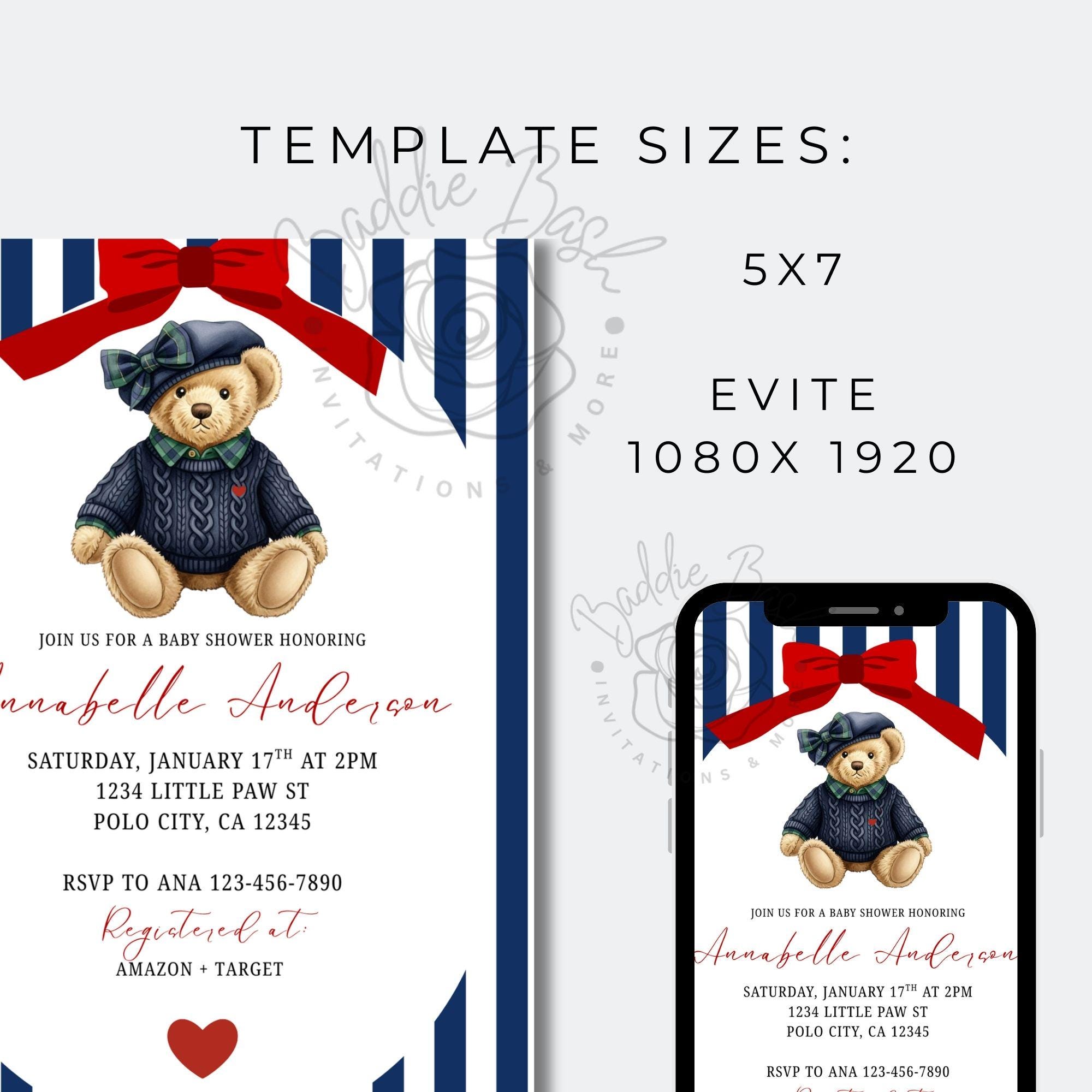 Polo Teddy Bear Baby Shower Invitation | Girls Plaid Theme Invite ...
