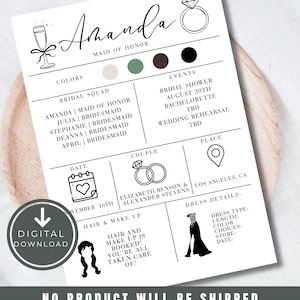 Brautjungfer Informationskarte bearbeitbar, Brautparty Info-Karte, Brautvorschlagskarte, minimalistisch, Hochzeitspläne, DIY Braut, Canva-Vorlage