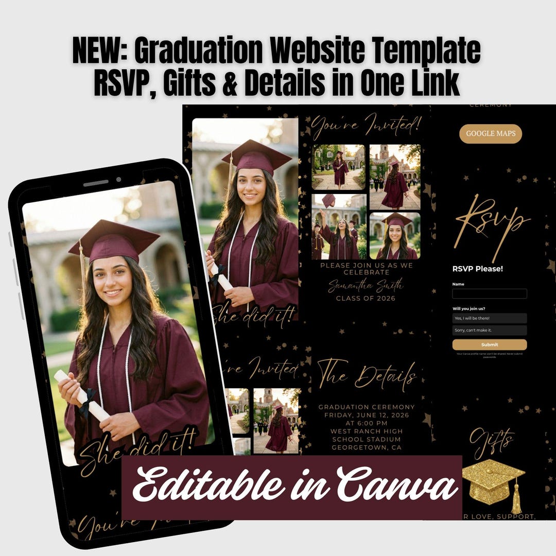 Graduation Website Invite Buy Editable Graduation Website Template, Black Gold Photo Invite ...