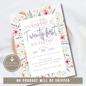 Pink Wildflower 21st Birthday Invitation Women&#39;s Boho Floral Garden Party Invite Editable Meadow Floral Birthday Invite Cottage Floral Canva