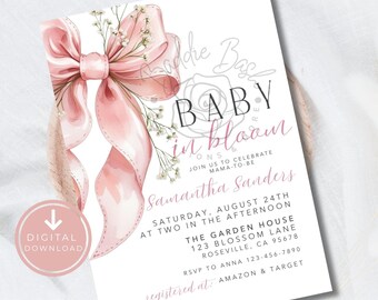 Invito per baby shower con fiocco rosa per bambina, elegante invito floreale stampabile con fiocco rosa, modello Canva per invito per bambina.