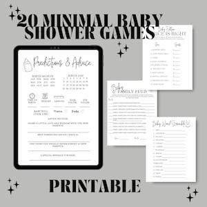 Lot de 20 jeux de baby shower imprimables Carte de prédictions et de conseils modifiables minimalistes, Lot de 20 modèles de baby shower modifiables