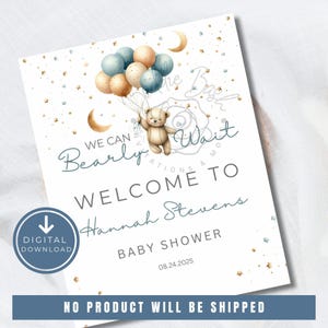 Editable We Can Bearly Wait Baby Shower Dusty Blue Baby Shower Poster Bear Balloon Baby Shower Welcome Sign Boy Boho Bear Baby Shower Decor