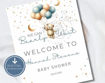 Pode incluir: Um letreiro digital de boas-vindas para chá de bebê. Apresenta um ursinho segurando balões, com o texto "We Can Bearly Wait" e "Welcome to Hannah Stevens Baby Shower". A data 24/08/2025 também está incluída.