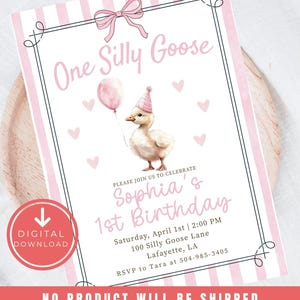 One Silly Goose Birthday Invitation for girl 1st Birthday invite Silly Goose Pink Coquette theme Birthday Invitation Digital Party Invite
