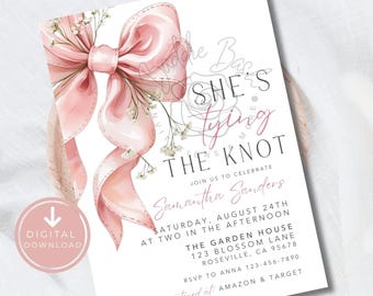 Sie bindet die Knot Brautdusche einladen rosa Schleife bearbeitbare Bachelorette einladen elegante Band-Brauteinladung druckbare Canva Download