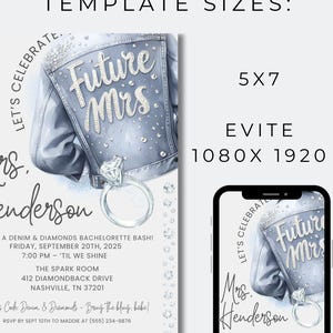 K&ouml;nnte beinhalten: Digitales Einladungsdesign f&uuml;r einen Junggesellinnenabschied. Das Design zeigt eine Illustration einer Jeansjacke mit den Worten "Future Mrs." in glitzernden Buchstaben. Die Einladung enth&auml;lt Eventdetails wie Datum, Uhrzeit und Ort.