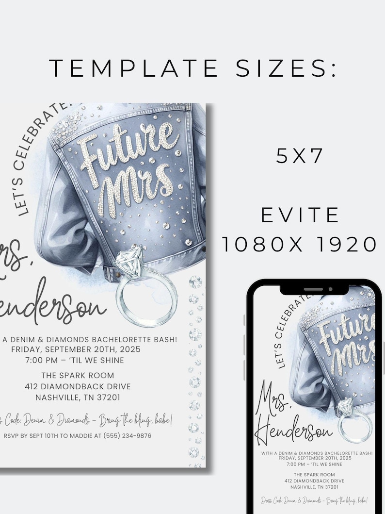 K&ouml;nnte beinhalten: Digitales Einladungsdesign f&uuml;r einen Junggesellinnenabschied. Das Design zeigt eine Illustration einer Jeansjacke mit den Worten "Future Mrs." in glitzernden Buchstaben. Die Einladung enth&auml;lt Eventdetails wie Datum, Uhrzeit und Ort.