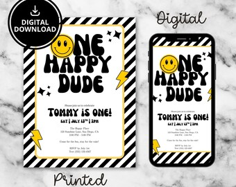 One Happy Dude Birthday invite Retro birthday invitation first birthday party invite boy 1st birthday invite one happy dude invitation