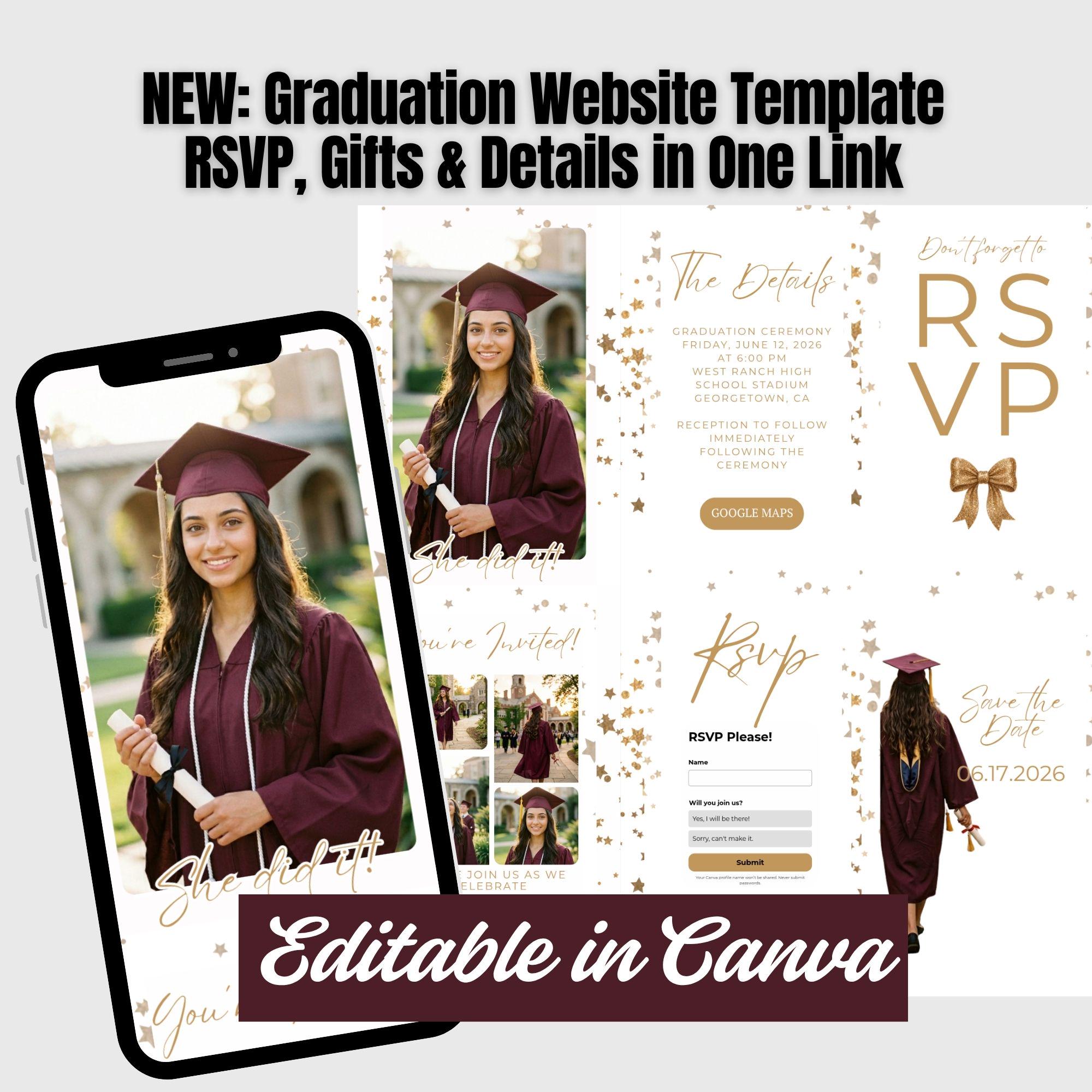 Graduation Website Template, White Gold Photo Invite (digital Download ...