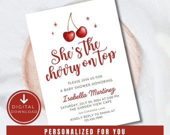Custom Cherry BabyShower Invitation Cherry on Top Invitation Girl Baby Shower Invite Cherry Themed Invitation Done For You Invite