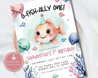 ofishally one birthday Invite, Girls First birthday Invitation, Officially one, editable 1st Birthday Invite, Ocean theme o fish ally one