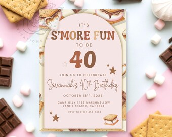 40th Birthday Smores Invitation Pink S'mores Forty Birthday Invite Backyard Camping Birthday Invitations Party Invite Fall Invitation