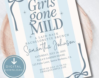 Girls Gone Mild Bachelorette Einladung, Bachelorette Brunch einladen, Spa + Pyjama Party einladen, Kokette Blaue Party einladen, Canva Vorlage