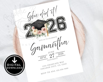 Inbjudan till examensfest 2026, minimalistisk blomsterdesign (digital nedladdning)