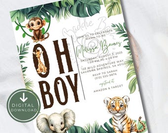 Invitaciones para baby shower de jungla, baby shower con chispas para niño, invitación para baby shower de safari, plantilla de Canva de invitación verde