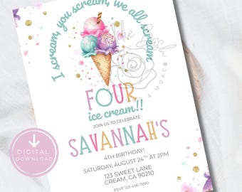Ice Cream Birthday Invitation for Girls I scream You Scream We All Scream Four Ice Cream Editable Pink 4th Birthday Invite Ice Cream Party