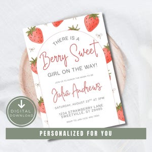 Custom Strawberry Baby Shower Invitation Pink Berry Sweet Baby on the Way Invite Berry Sweet Invitation Done For You Invite Shower Evite