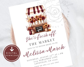 Editable Fresh Off The Market Bridal Shower Invitation, Farmers Market Bridal Shower Invite, She's Off The Market Bachelorette Invites