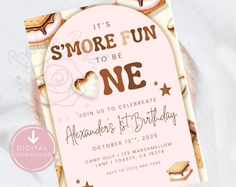 First Birthday Smores Kids Invitation Pink S'mores 1st Birthday Invite Backyard Camping Birthday Invitations Party Invite Fall Invitation