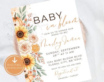 Baby in Bloom Baby Shower Invitation Bundle | Floral Baby Shower | Welcome Sign, Books for Baby Diaper Raffle | Fall Wildflower Baby Shower
