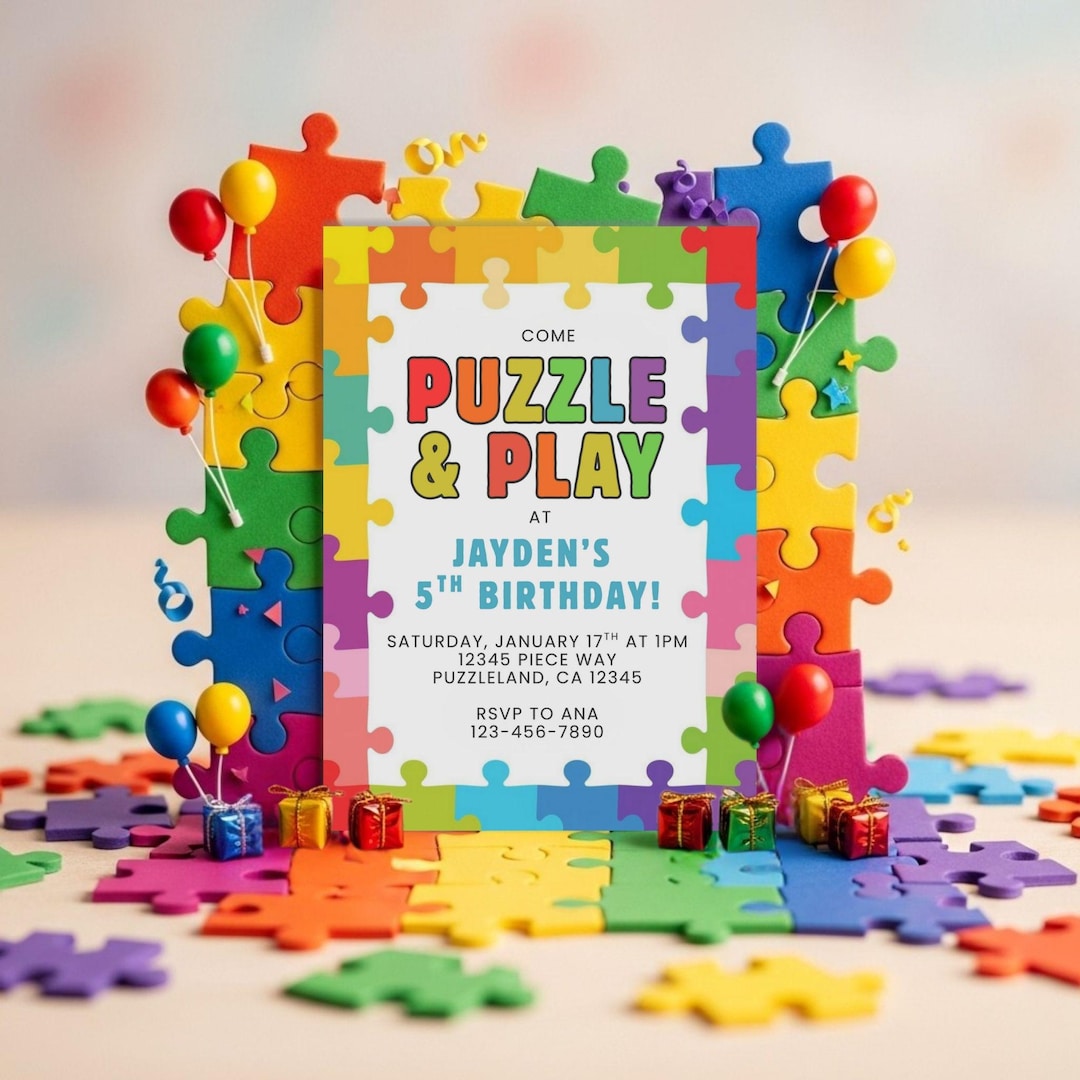Puzzle Birthday Invitation, Kids Puzzles Games, Autism Party, Puzzle ...