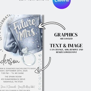 K&ouml;nnte beinhalten: Einladungsdesign mit einer Illustration einer hellblauen Jeansjacke mit dem Text "Future Mrs." und einem Diamantring. Die Einladung enth&auml;lt Eventdetails: "Denim & Diamonds Bachelorette Bash!" am 20. September 2025 in Nashville, TN.