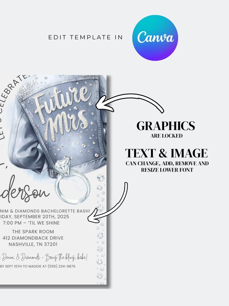 K&ouml;nnte beinhalten: Einladungsdesign mit einer Illustration einer hellblauen Jeansjacke mit dem Text "Future Mrs." und einem Diamantring. Die Einladung enth&auml;lt Eventdetails: "Denim & Diamonds Bachelorette Bash!" am 20. September 2025 in Nashville, TN.