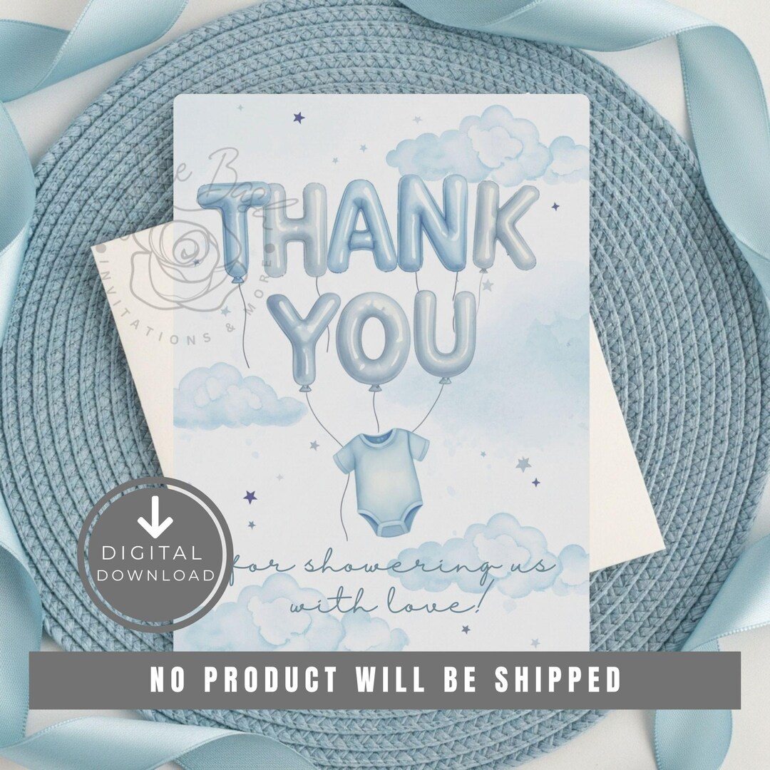 Boy Baby Shower Thank You Card Template | Oh Boy Blue Balloon Thank You ...